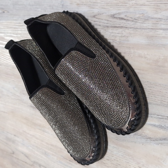 Metallic crystal gemstone slip-on sneakers loafers black silver sz 6 - 6.5 - Picture 1 of 6